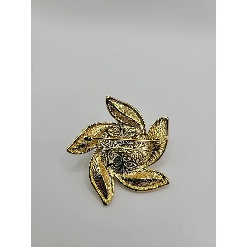 Monet Gold Tone Faux Pearl Green Rhinestone Swirl‎ Brooch Floral Pin Vintage
